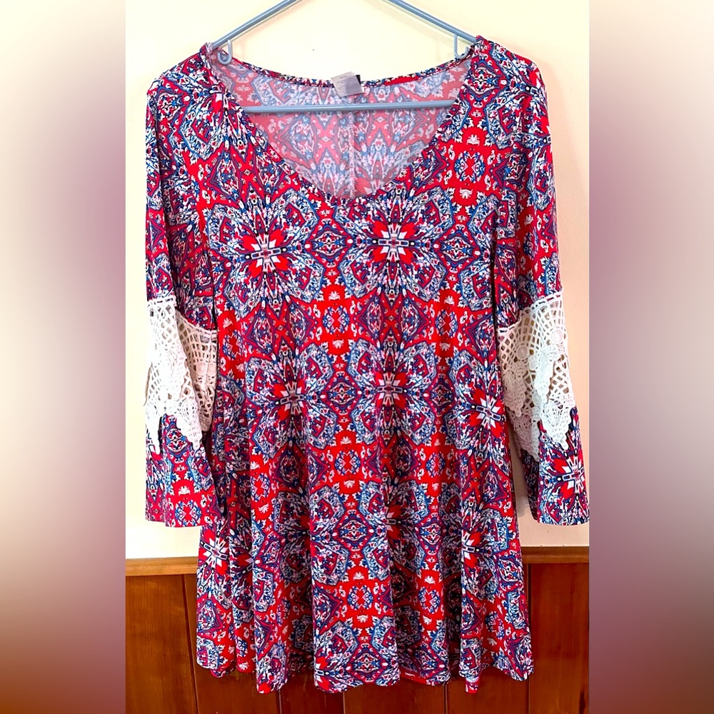 R•ROUGE size SMALL, red & blue paisley, 3/4 length sleeved, tunic top.